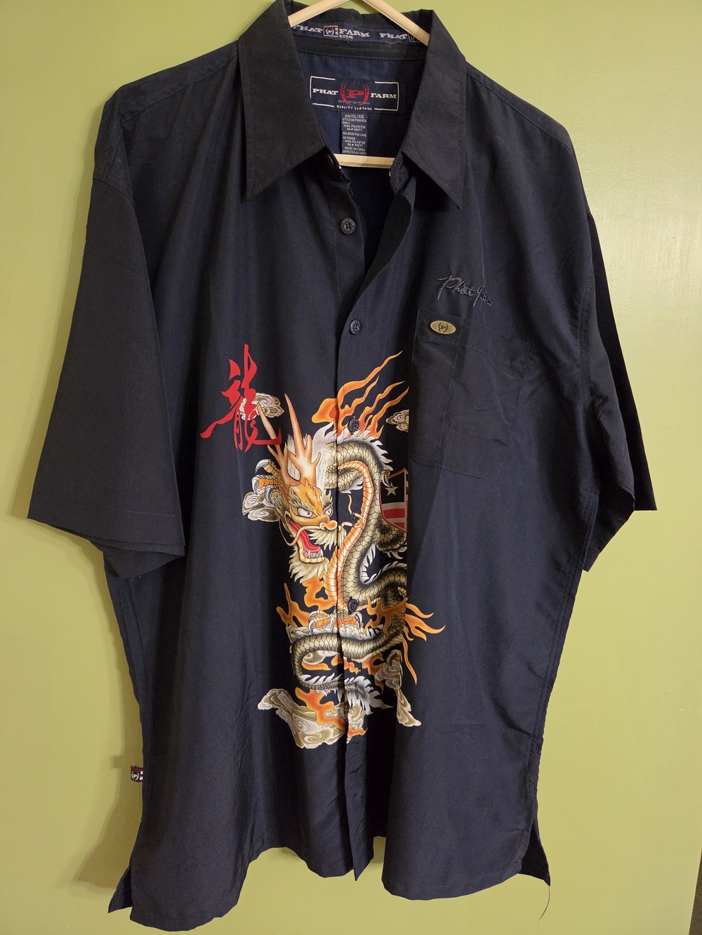 Phat Farm Black Button-Down Dragon Print Shirt with Red and Orange Accents